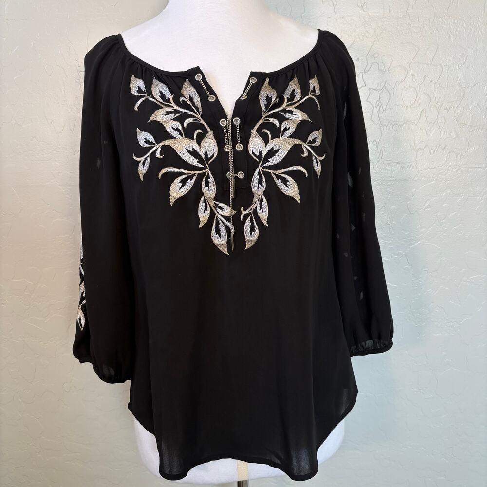 WHBM Embroidered Boho Blouse Black Ivory Cut Out Sleeve Whimsigoth Chain Lace Up
